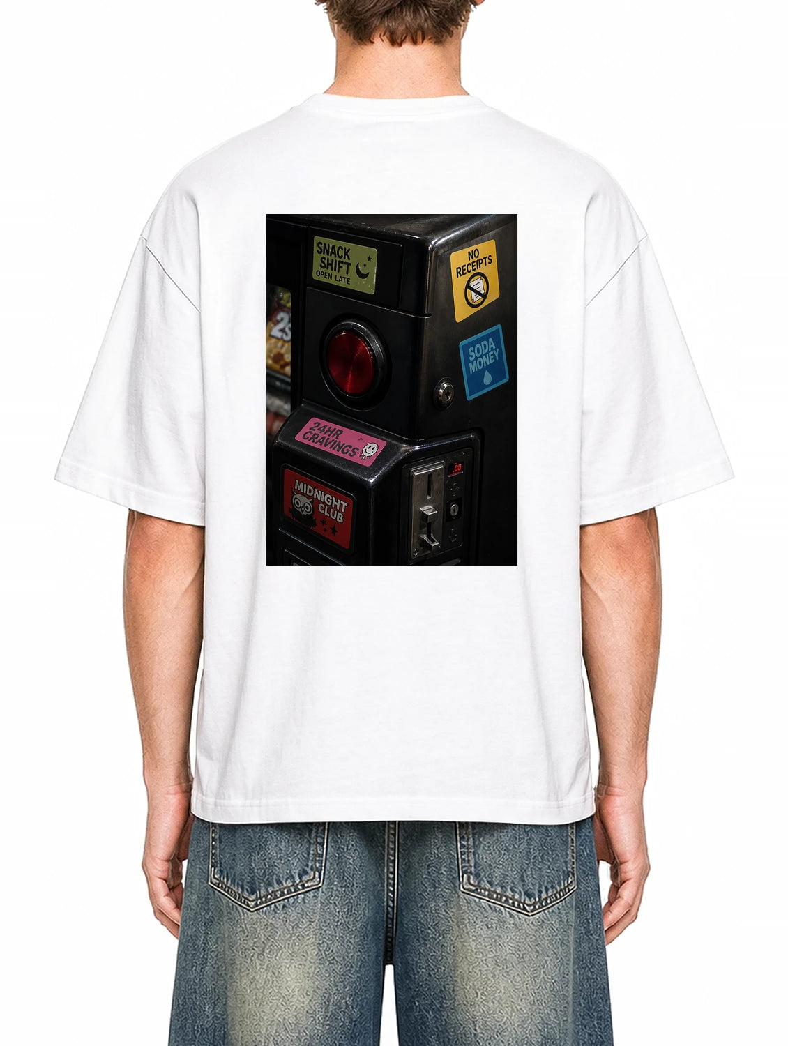 Midnight Snack Dept White graphic T-shirt on model, back view