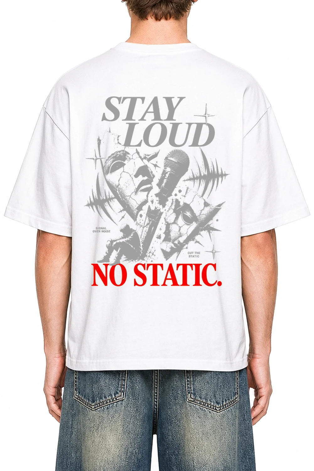 No Static White graphic T-shirt on model, back view