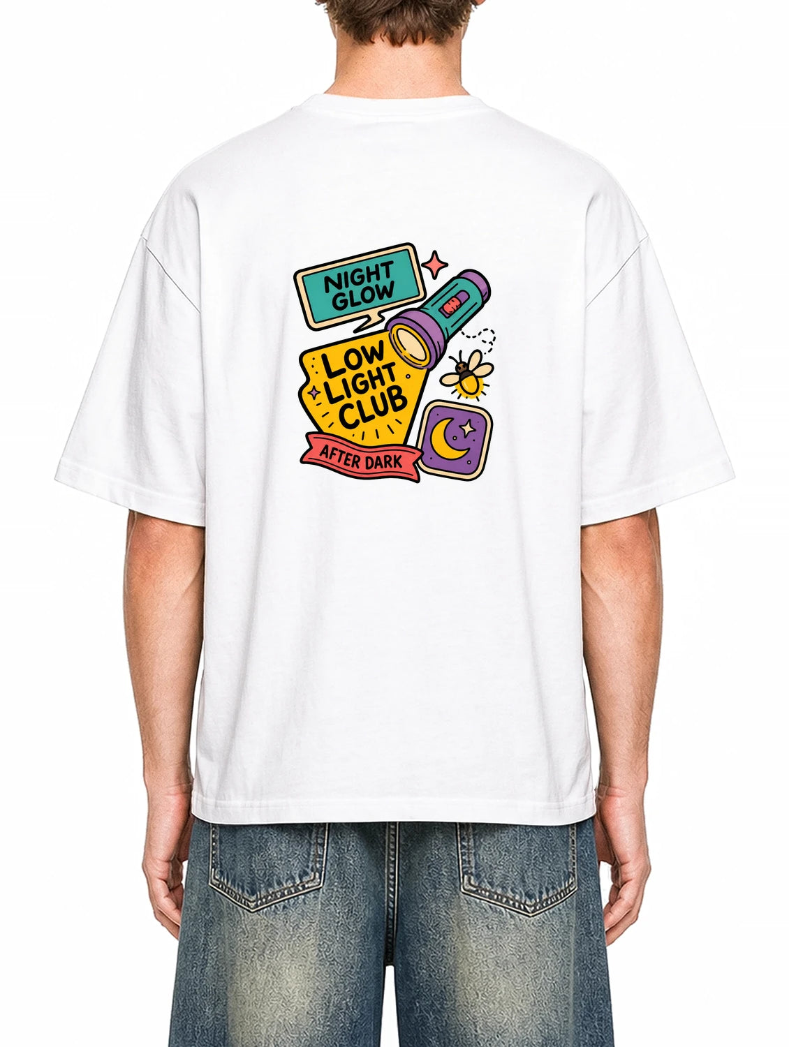 Night Glow Club White graphic T-shirt on model, back view