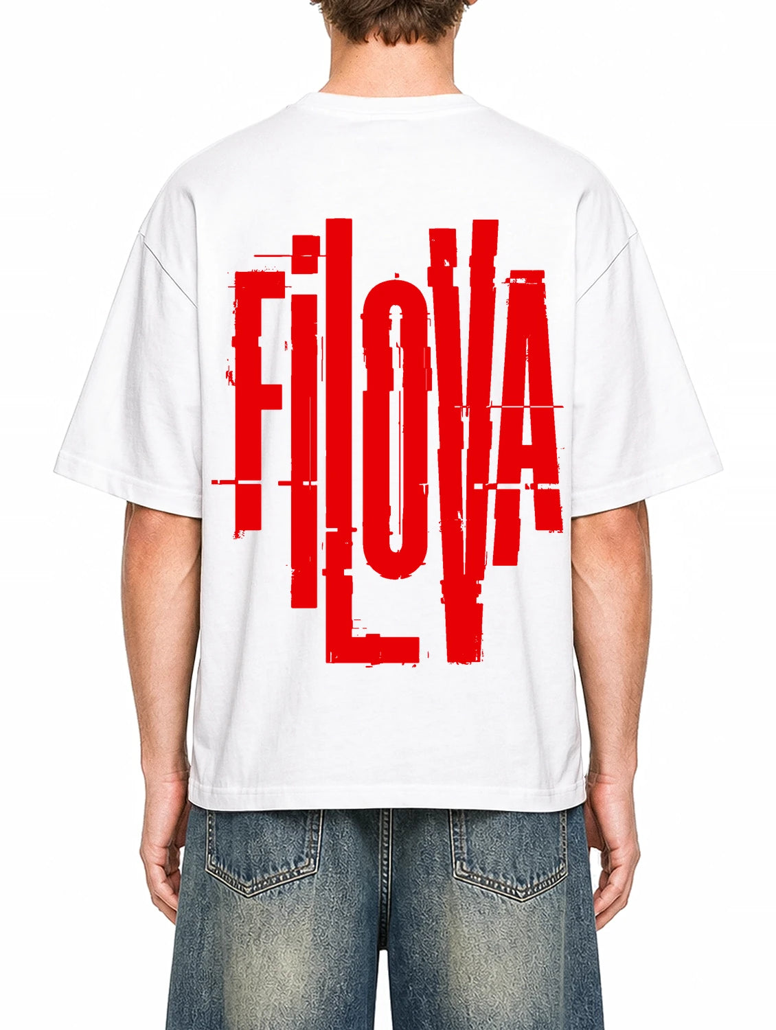 Filova Cyberpunk Red White graphic T-shirt on model, back view