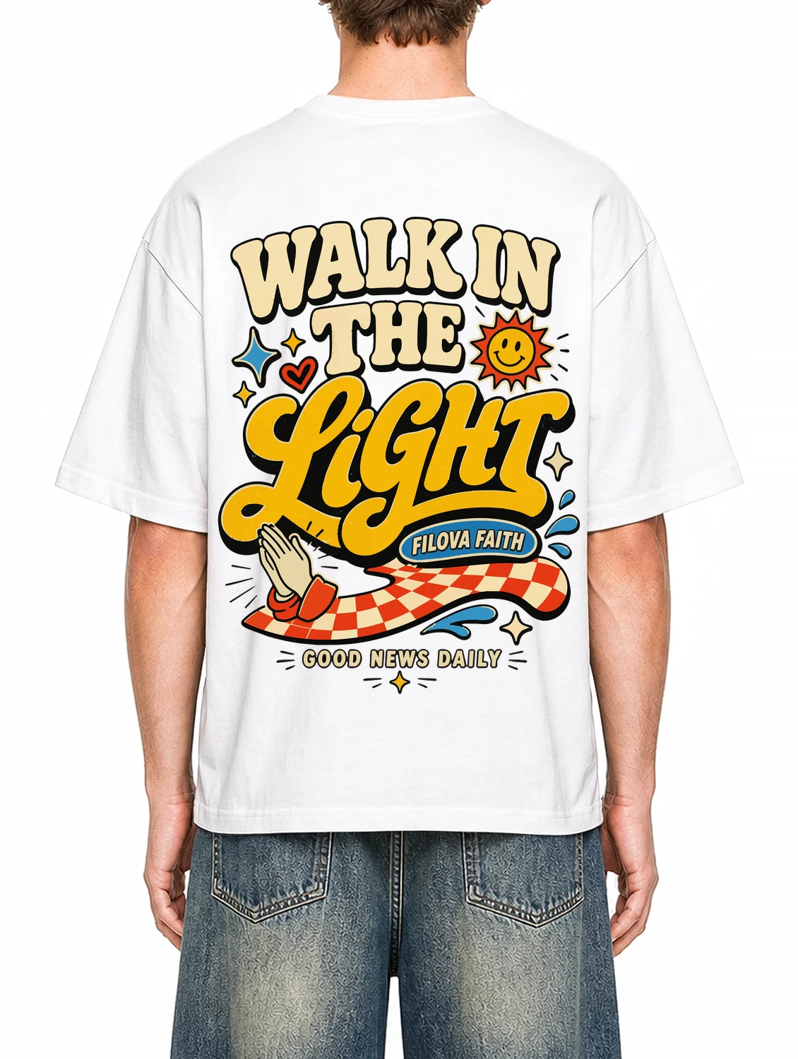 Walk In the Light White graphic T-shirt on model, back view