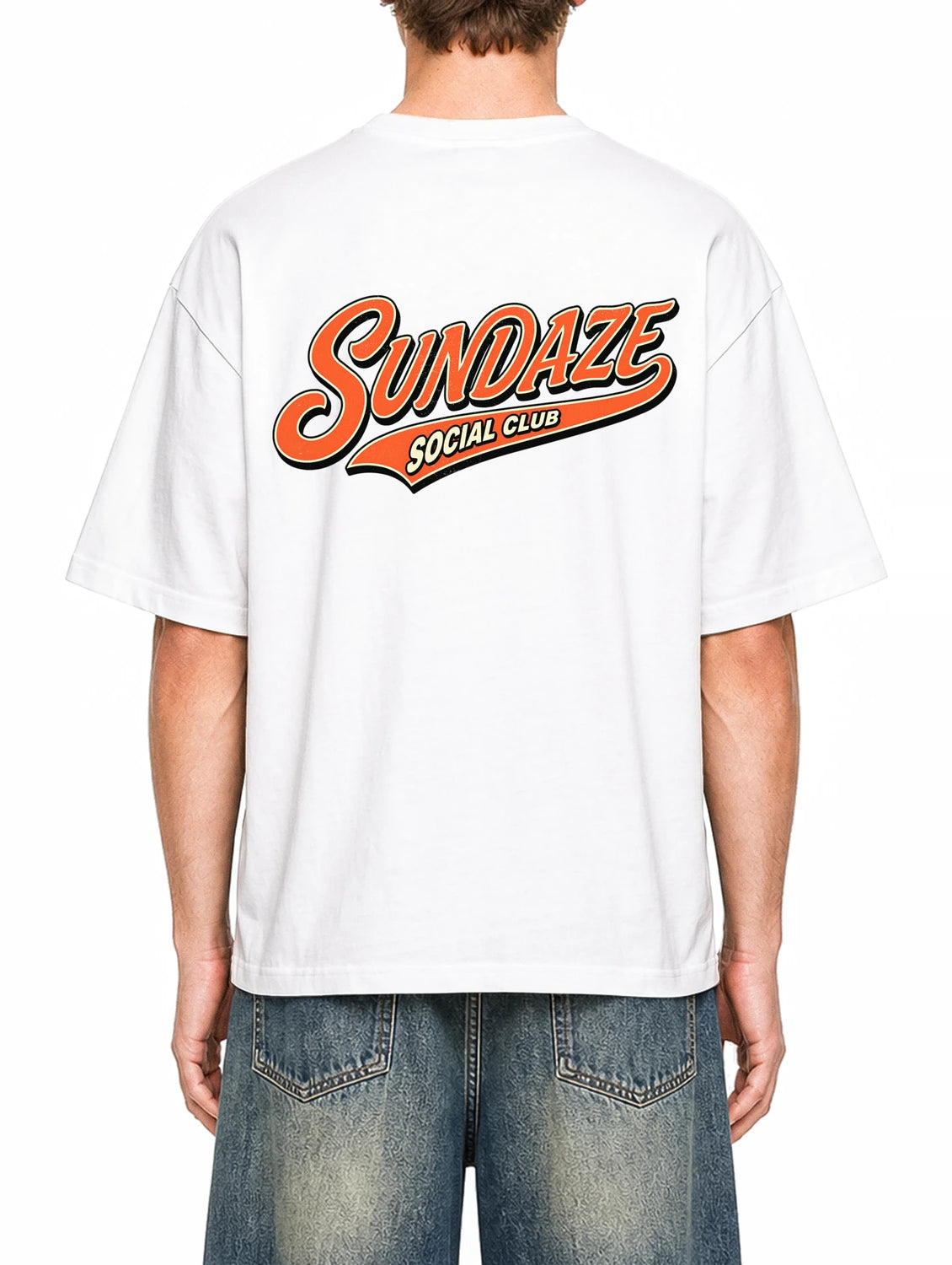 Sundaze Social Club White graphic T-shirt on model, back view
