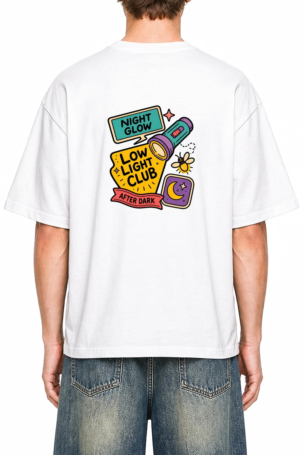Night Glow Club White graphic T-shirt on model, back view