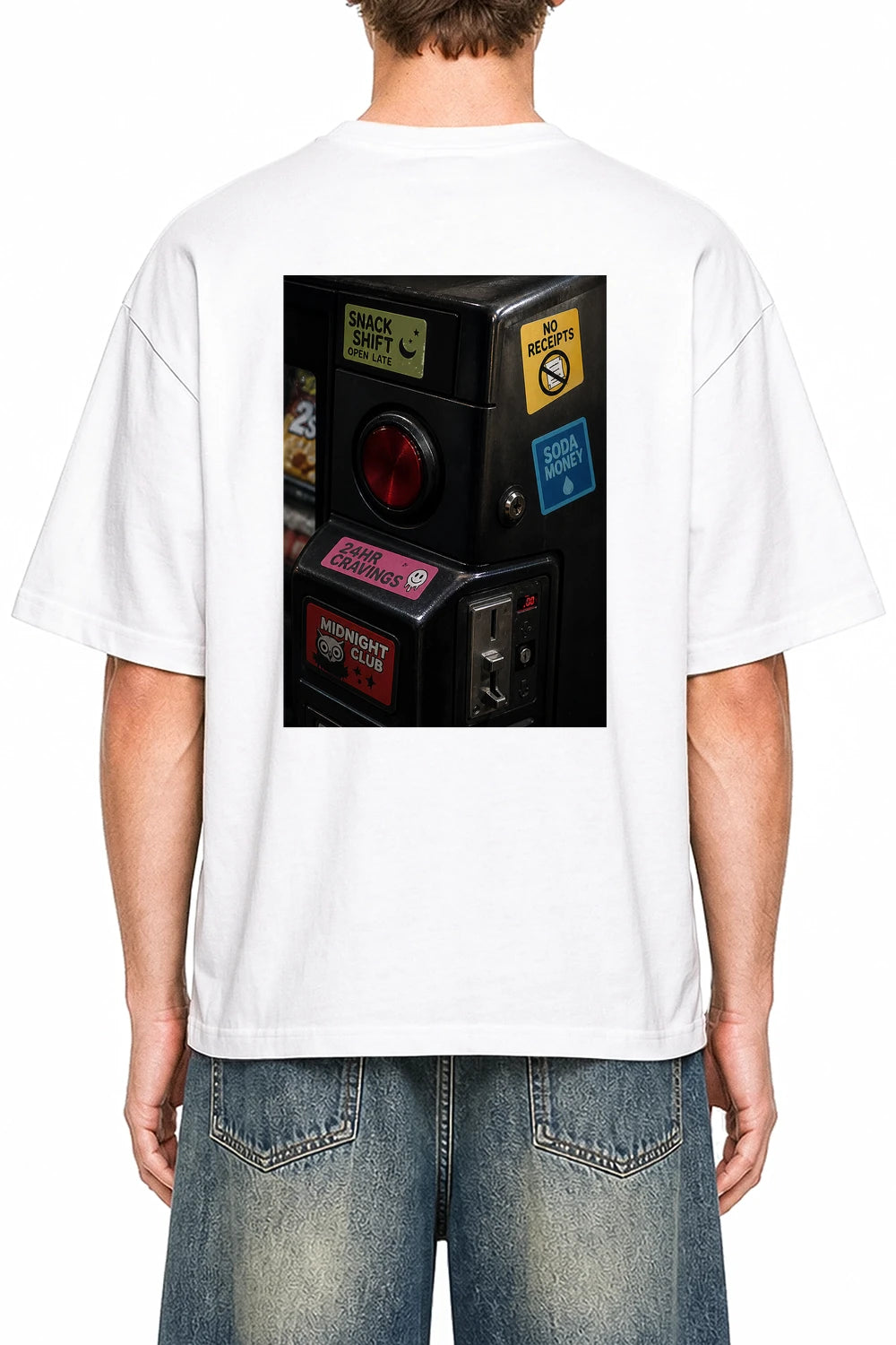 Midnight Snack Dept White graphic T-shirt on model, back view