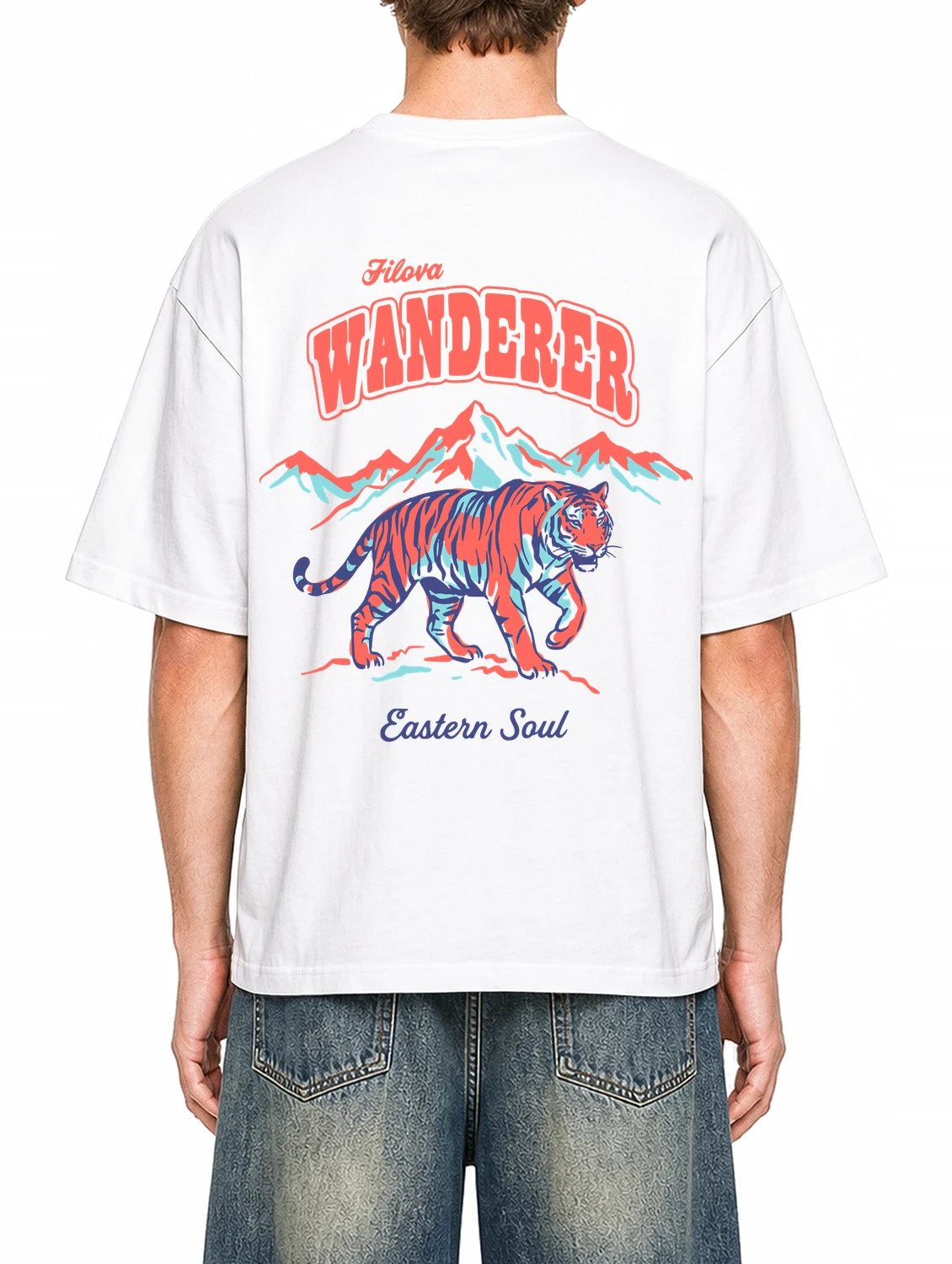 Filova Wanderer Eastern Soul White graphic T-shirt on model, back view