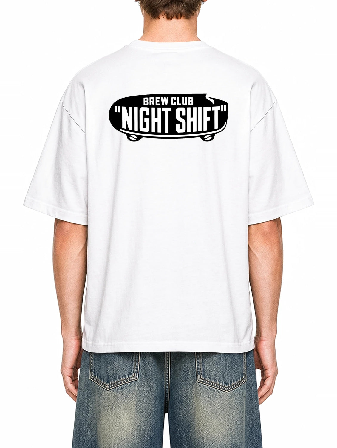 Night Shift Brew Club White graphic T-shirt on model, back view