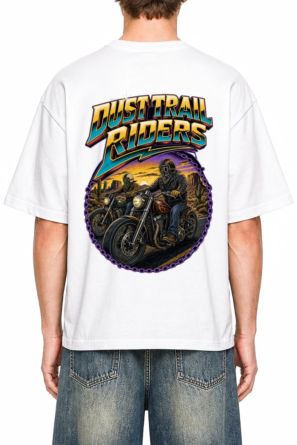 Dust Trail Riders White graphic T-shirt on model, back view