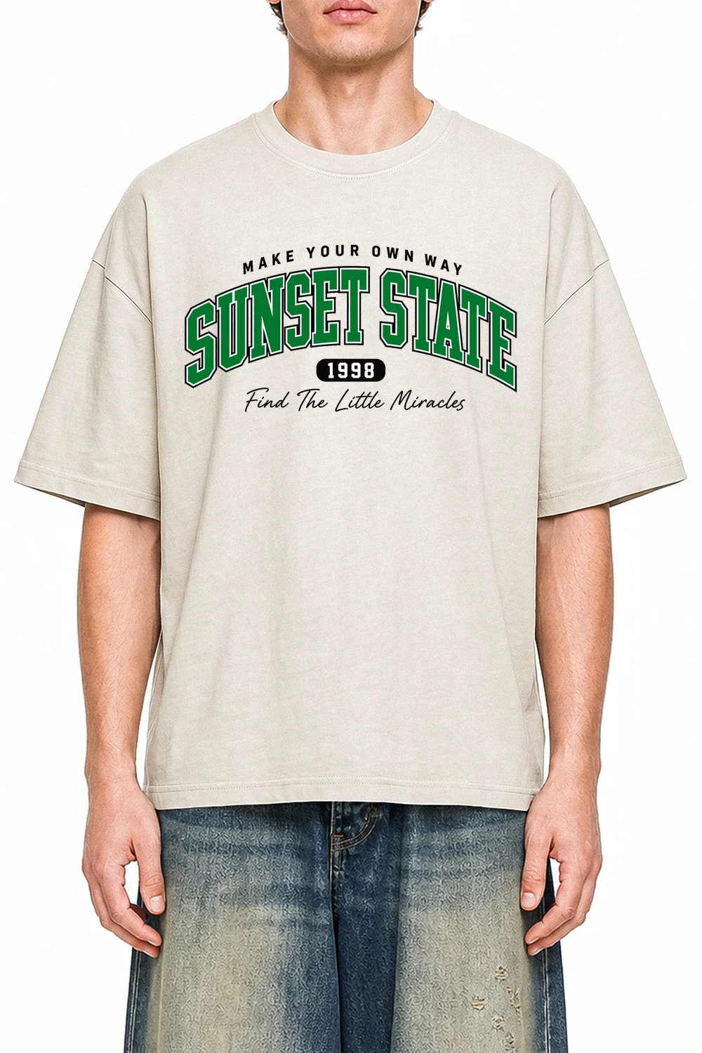 Sunset State Apricot graphic T-shirt on model, front view