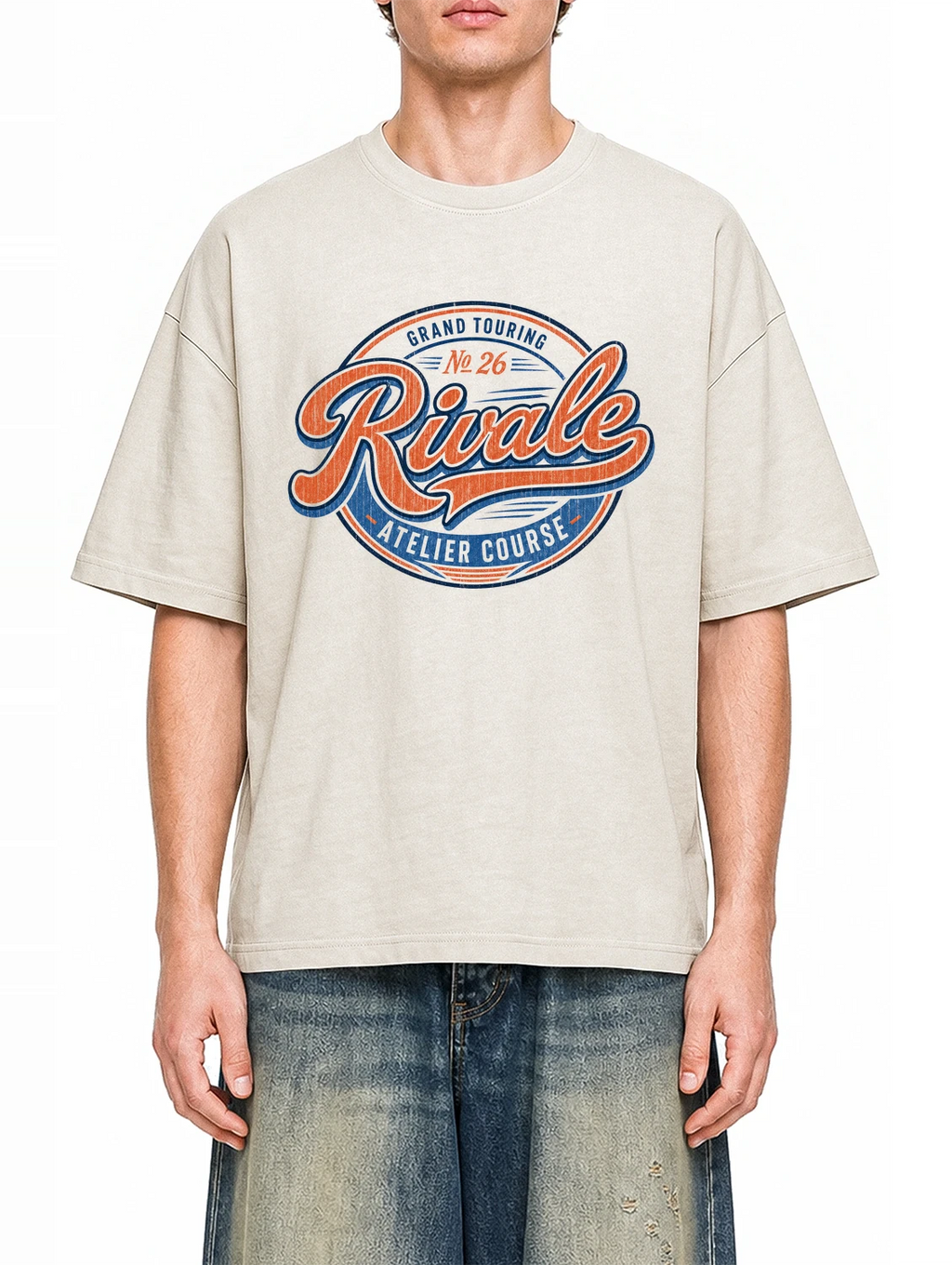 Rival Grand Touring Apricot graphic T-shirt on model, front view