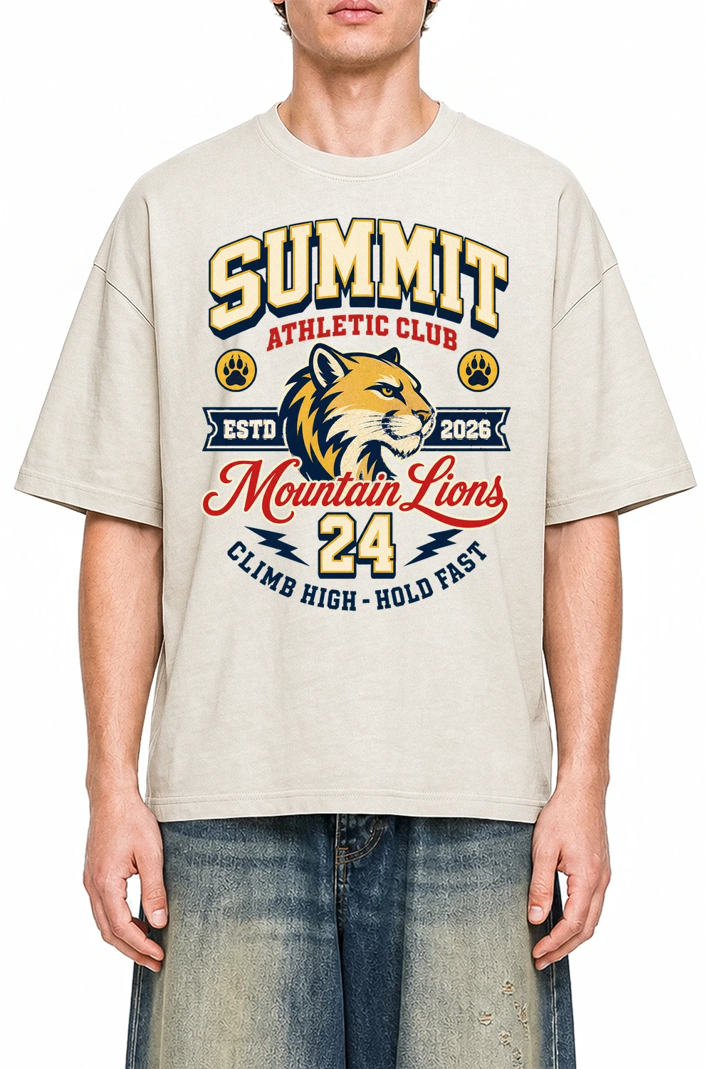 Summit Athletic Club Apricot graphic T-shirt on model, front view