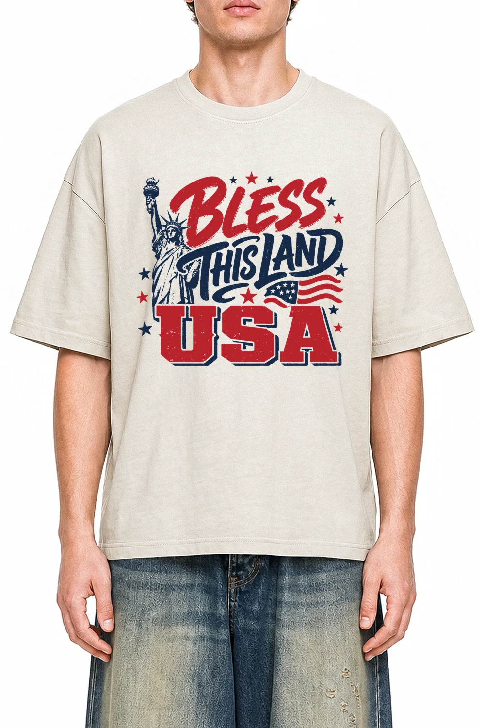 Bless This Land USA Apricot graphic T-shirt on model, front view