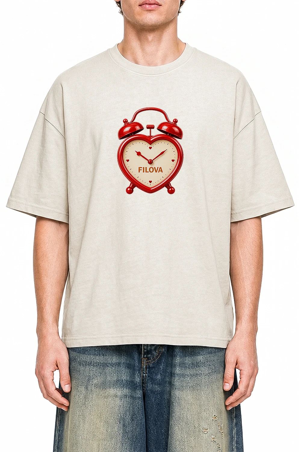 Heart Dial Clock Apricot graphic T-shirt on model, front view