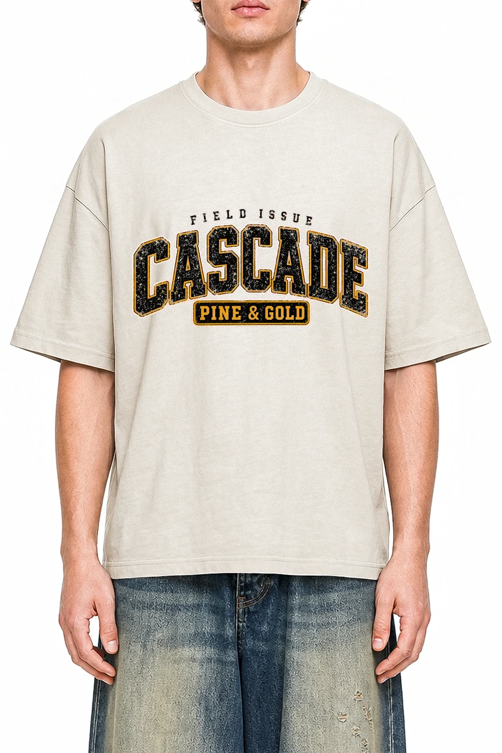 Cascade Pine Gold Apricot graphic T-shirt on model, front view