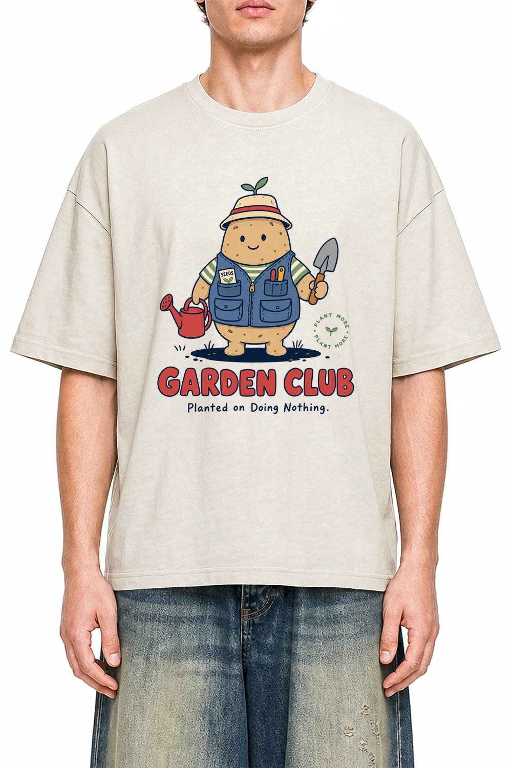 Garden Club Apricot graphic T-shirt on model, front view
