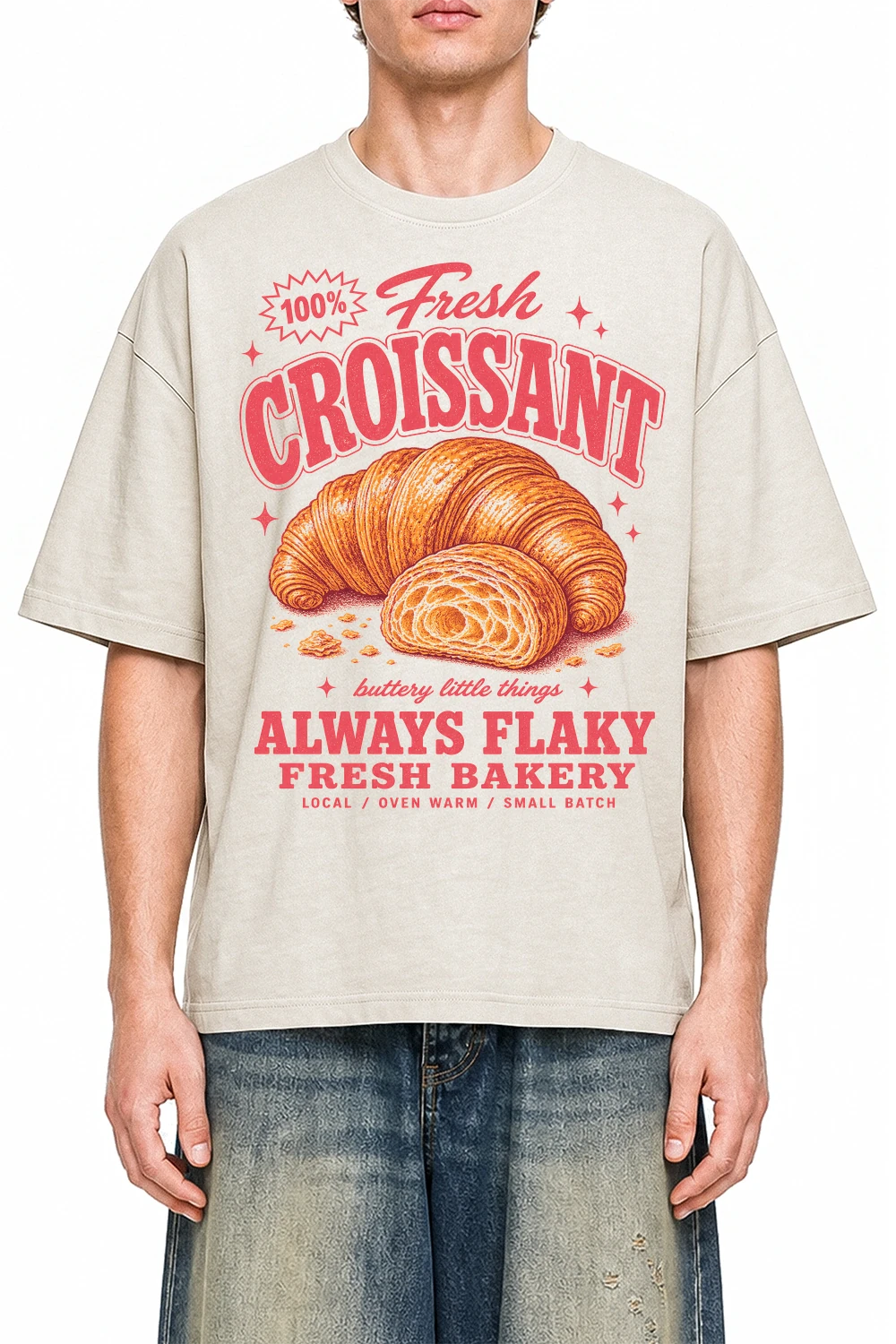 Fresh Croissant Apricot graphic T-shirt on model, front view