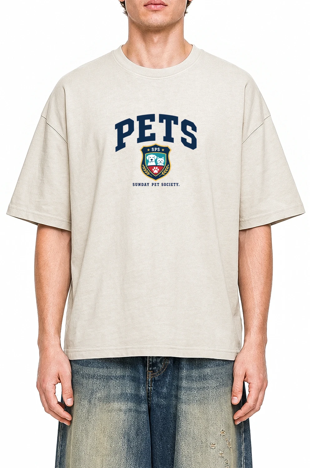 Sunday Pet Society Apricot graphic T-shirt on model, front view