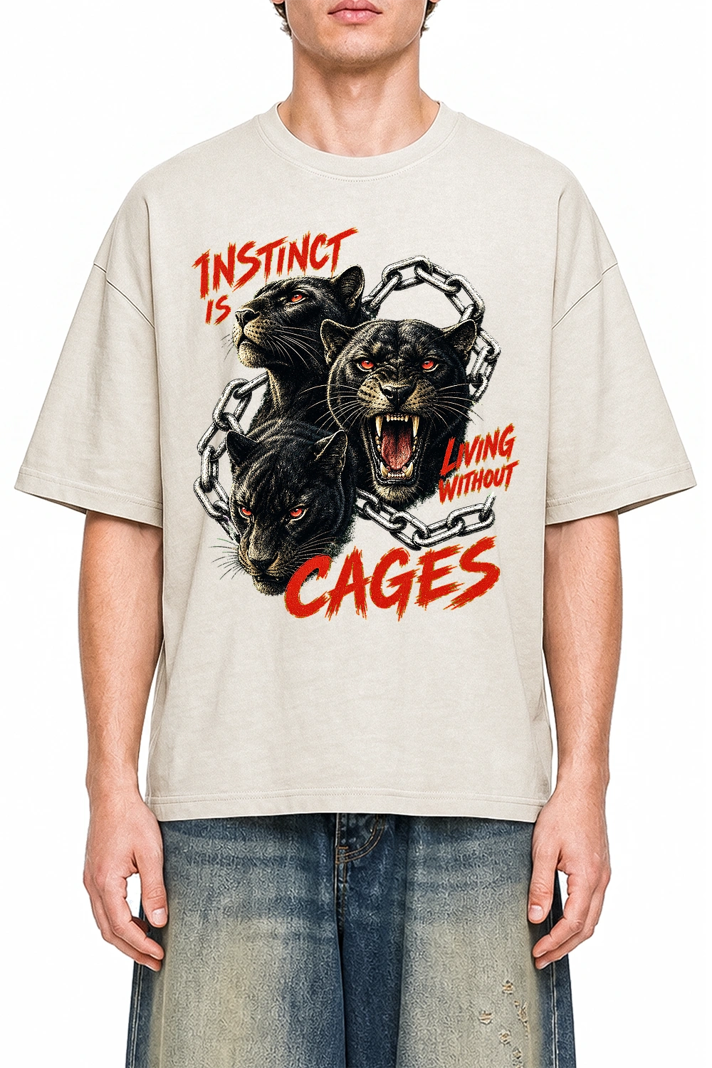 Instinct Without Cages Apricot graphic T-shirt on model, front view