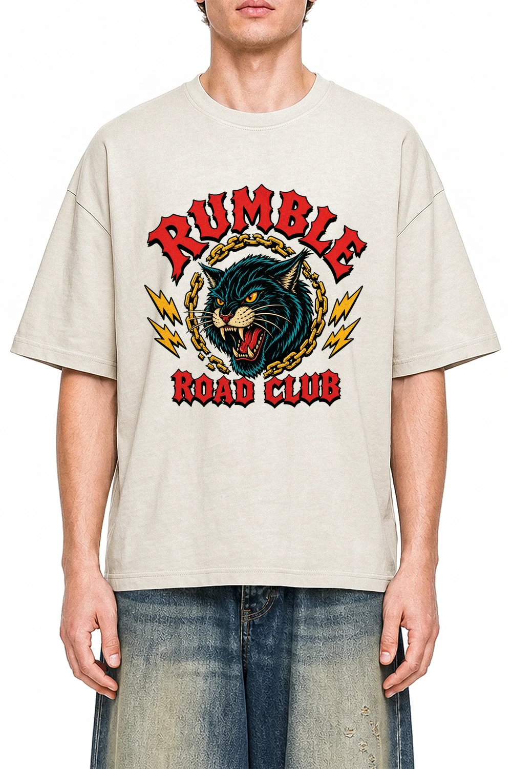 Rumble Road Club Apricot graphic T-shirt on model, front view