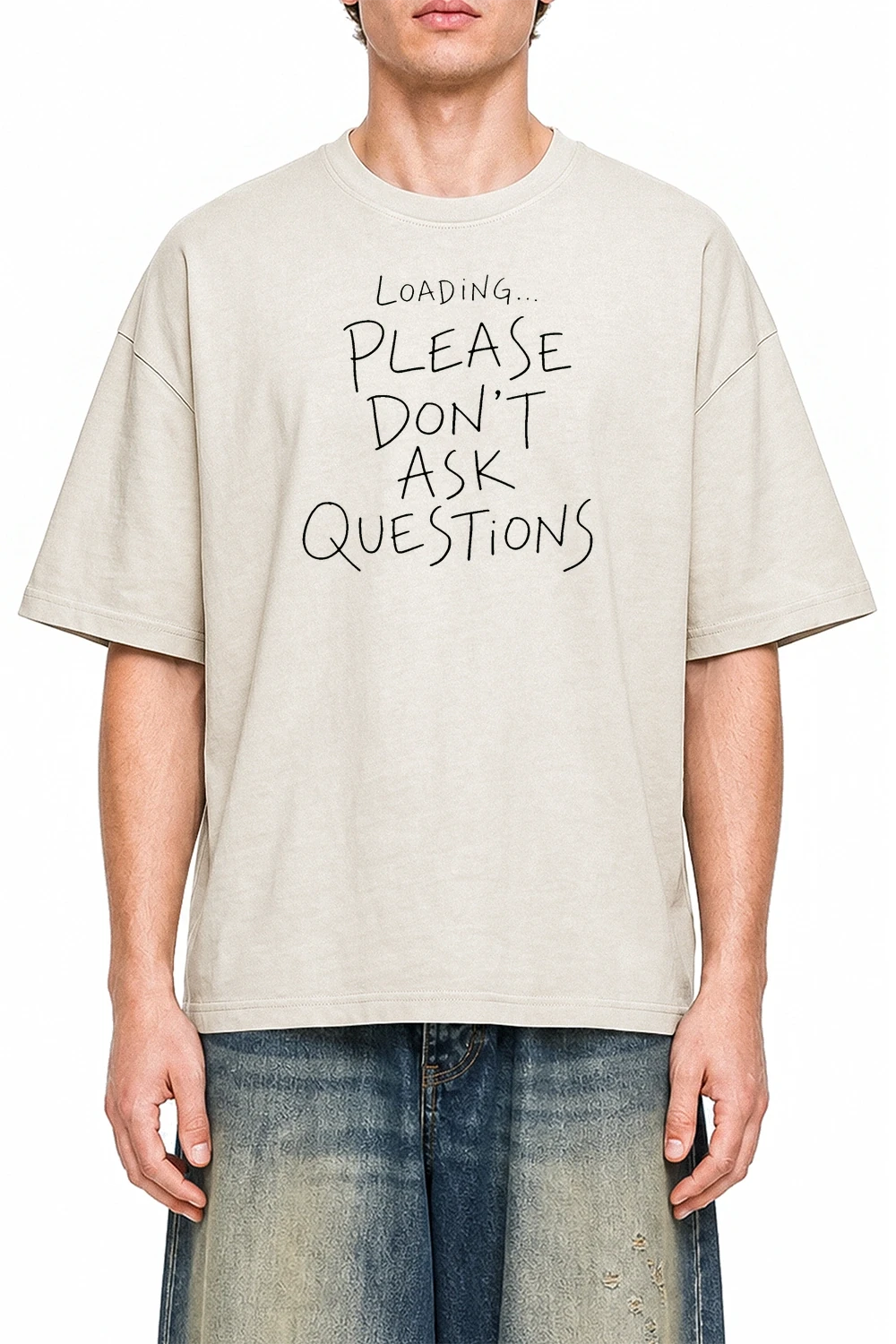 Loading Please Dont Ask Questions Apricot graphic T-shirt on model, front view