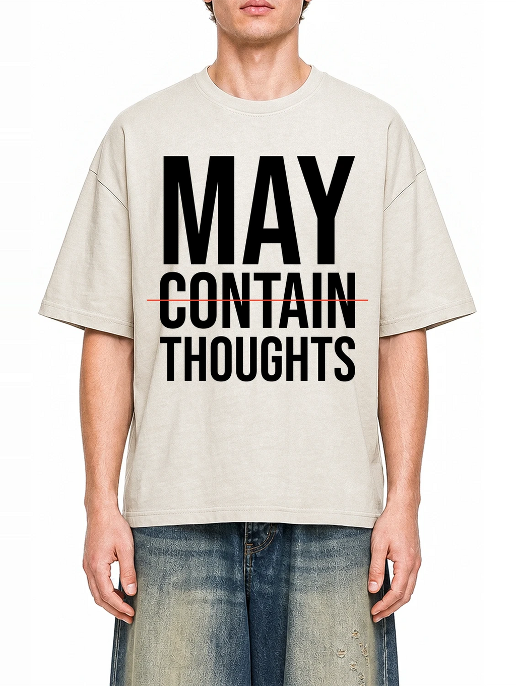 May Contain Thoughts Apricot graphic T-shirt on model, front view