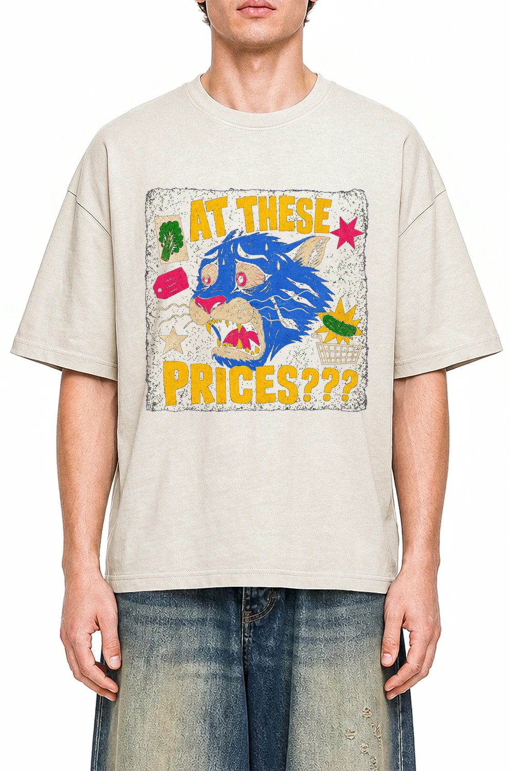 At These Prices Apricot graphic T-shirt on model, front view