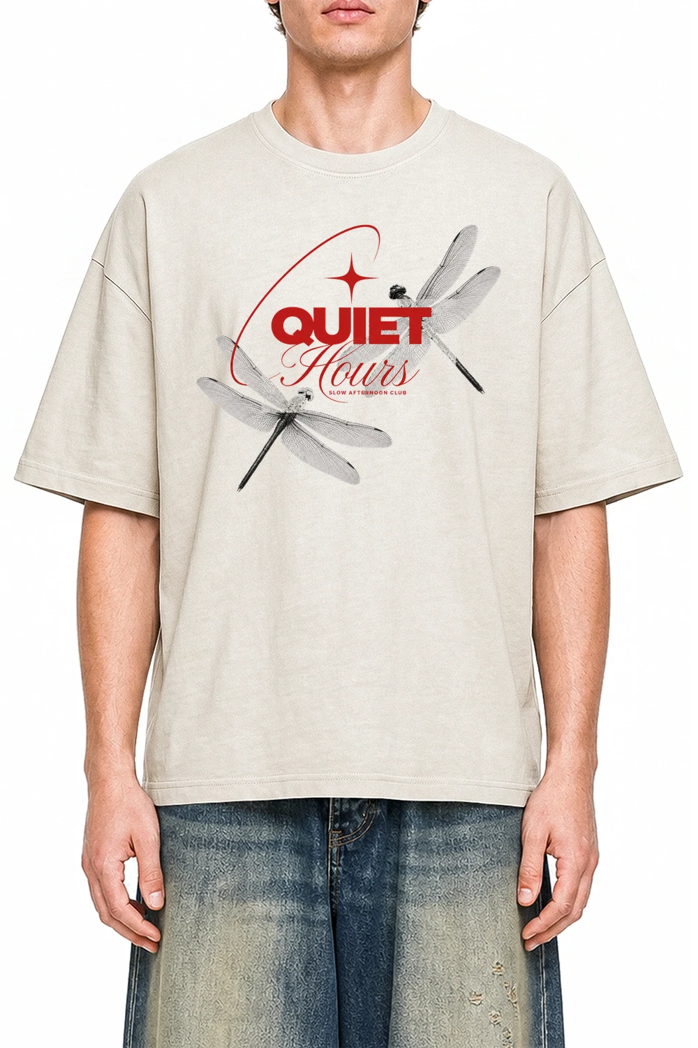 Gentle Hours Apricot graphic T-shirt on model, front view