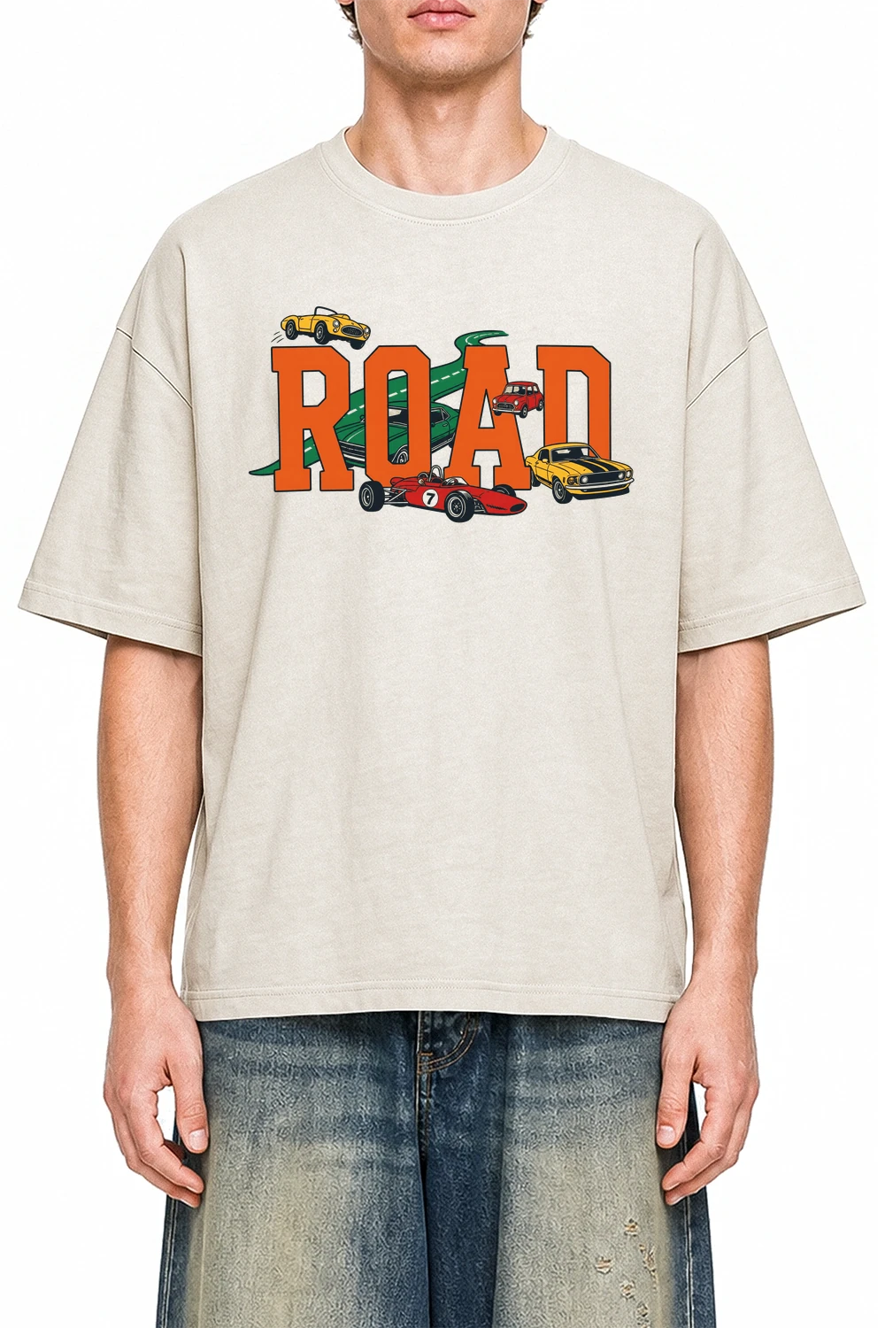 Road Rally Apricot graphic T-shirt on model, front view