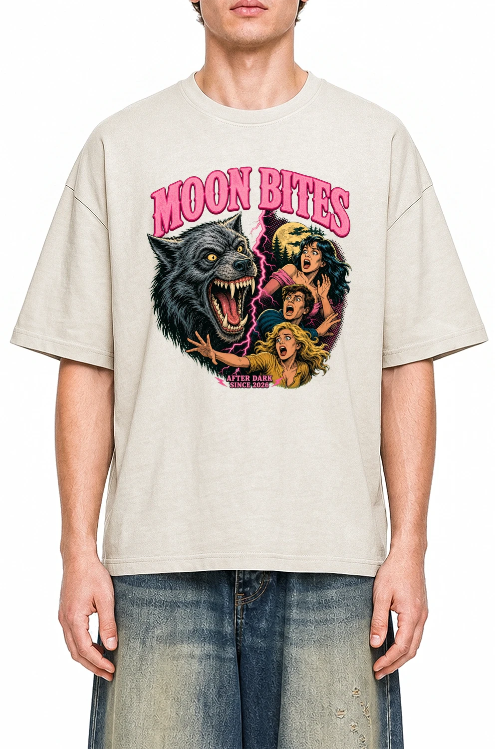 Moon Bites Apricot graphic T-shirt on model, front view