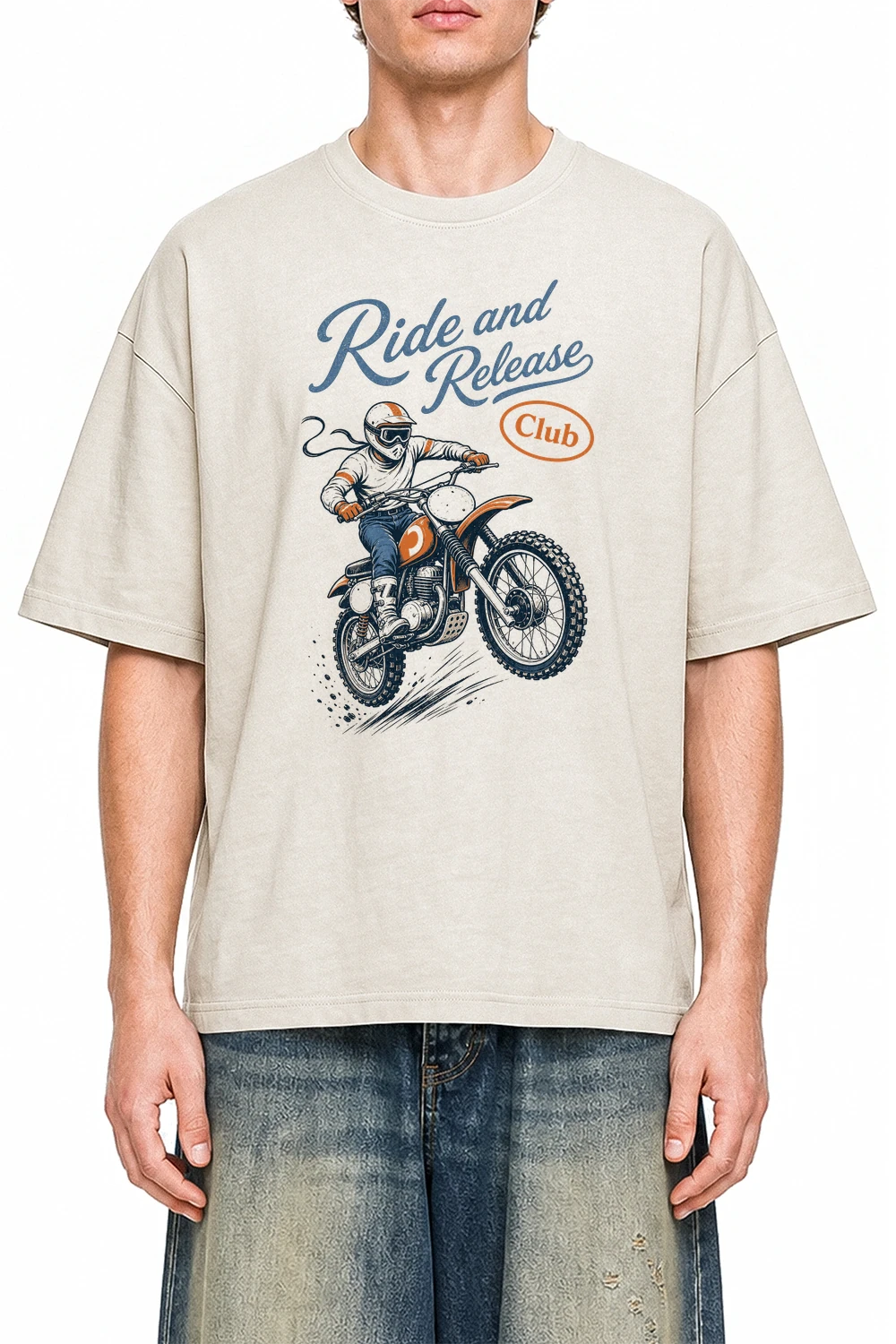 Ride And Release Club Apricot graphic T-shirt on model, front view