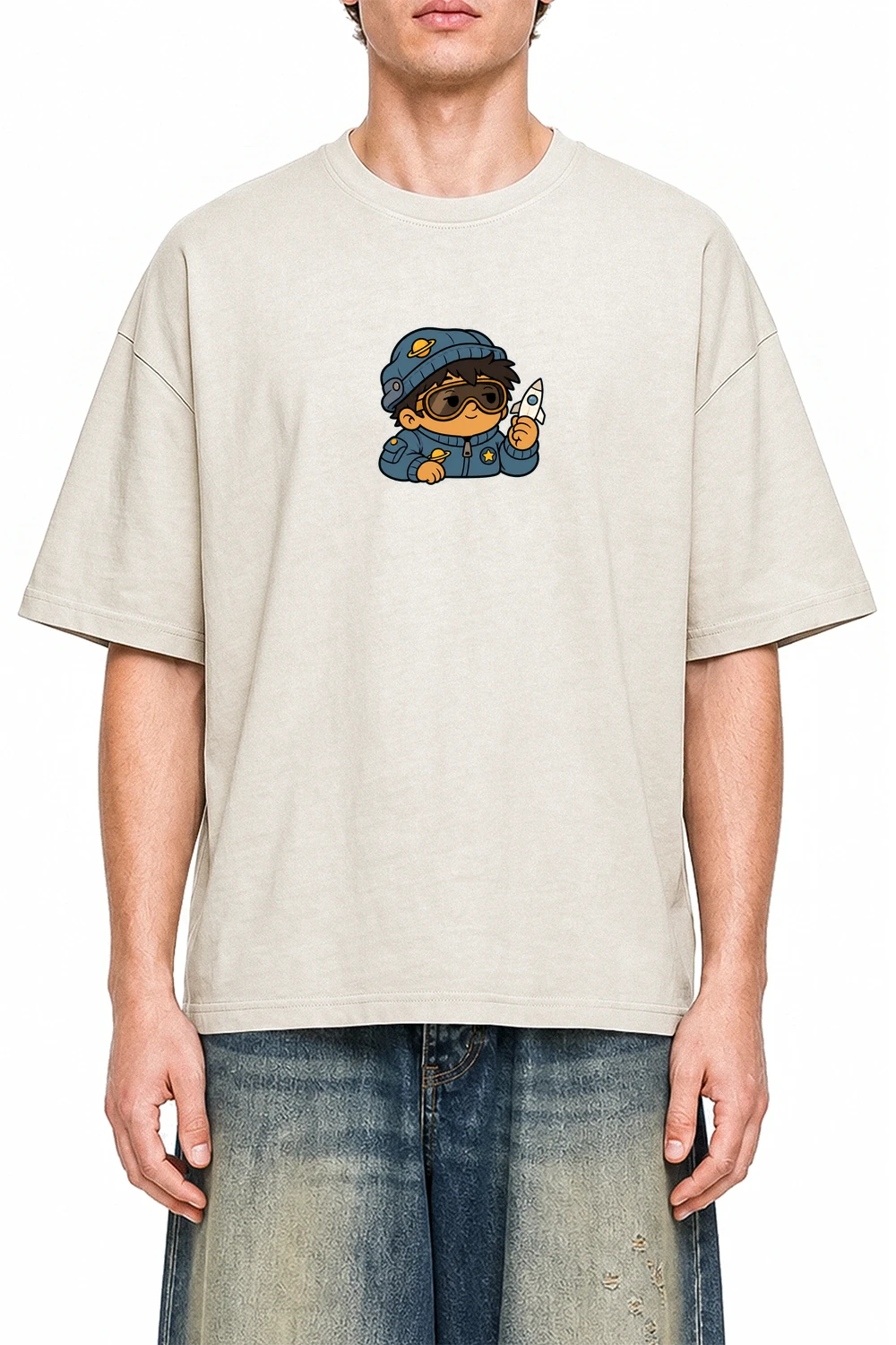Pocket Orbit Apricot graphic T-shirt on model, front view