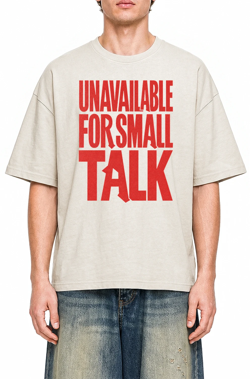 Unavailable For Small Talk Apricot graphic T-shirt on model, front view