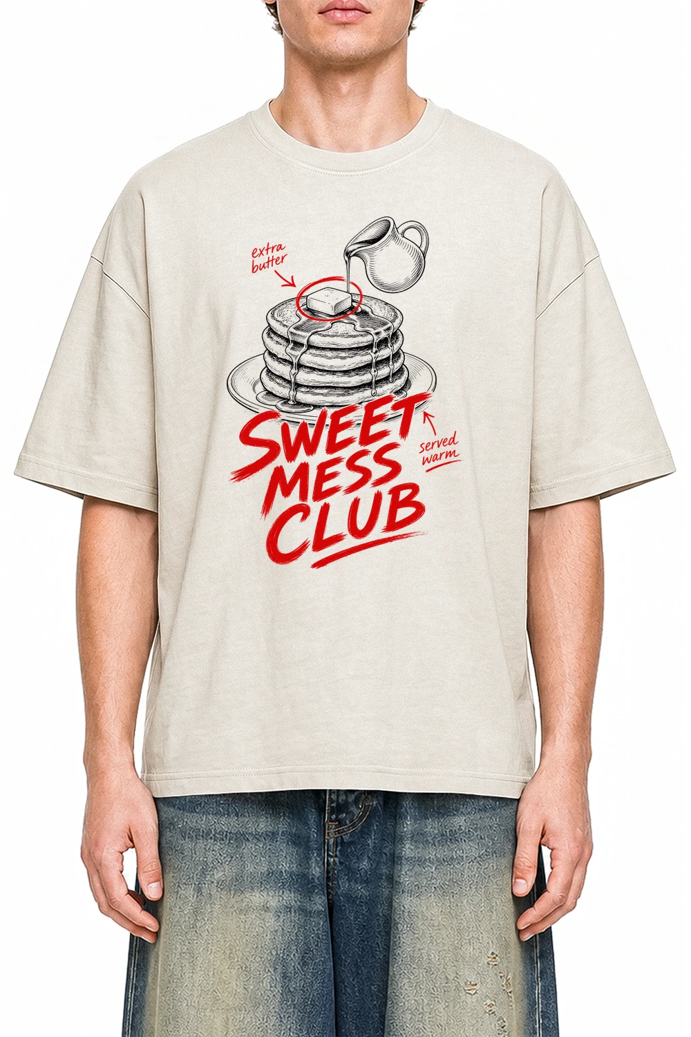 Sweet Mess Club Apricot graphic T-shirt on model, front view