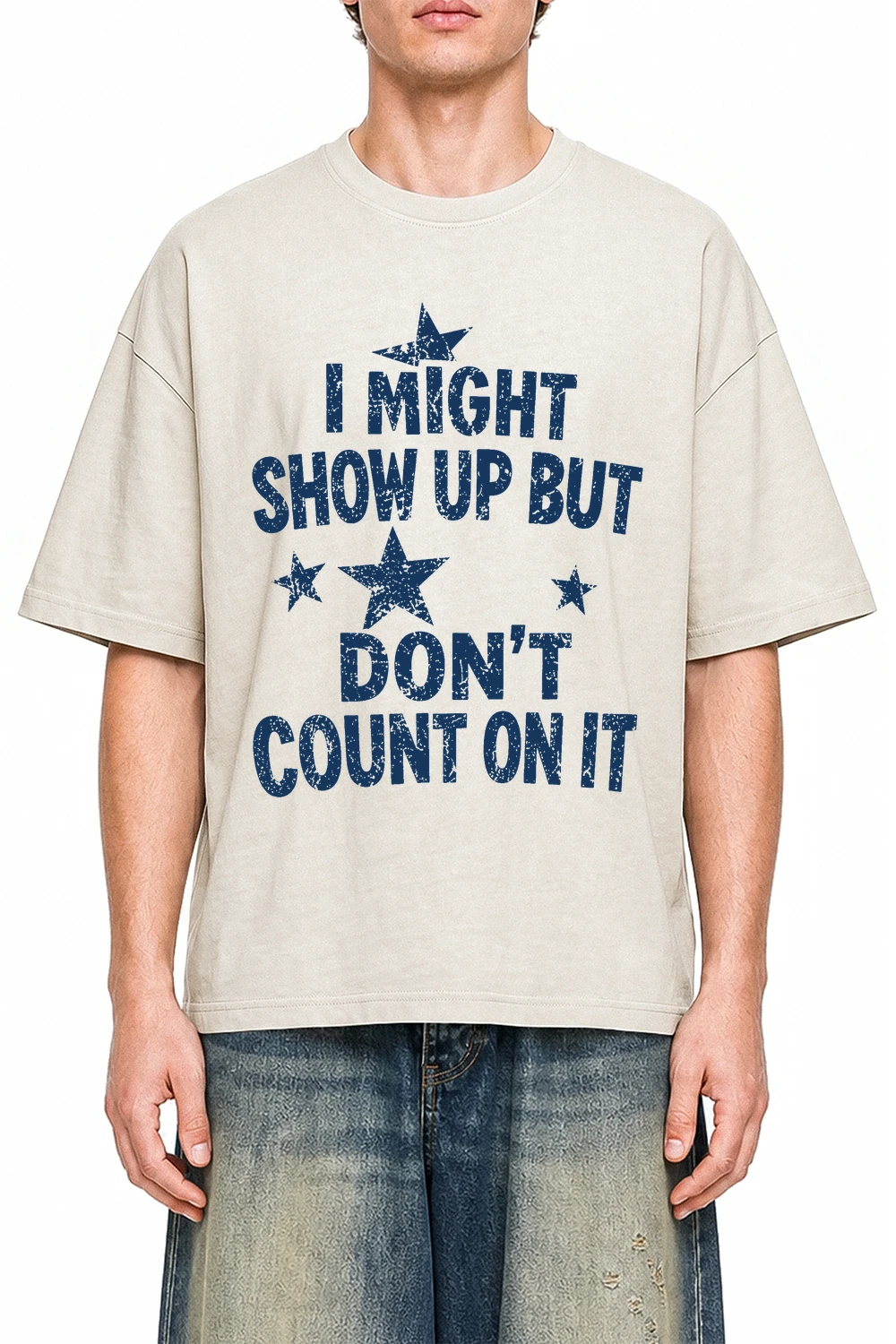 Don't Count On It Apricot graphic T-shirt on model, front view