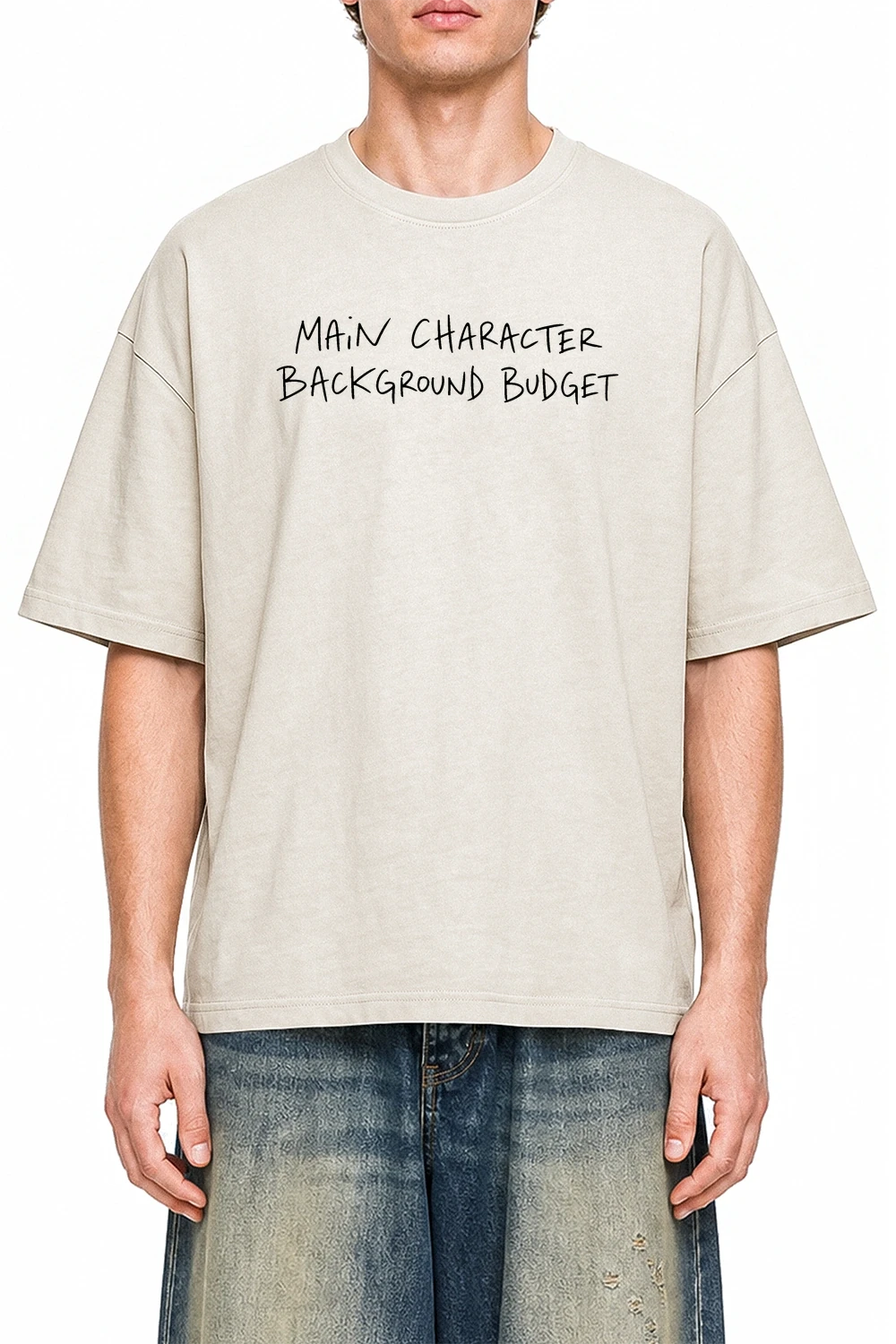 Main Character Background Budget Apricot graphic T-shirt on model, front view
