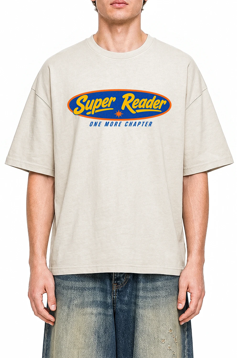 Super Reader Apricot graphic T-shirt on model, front view