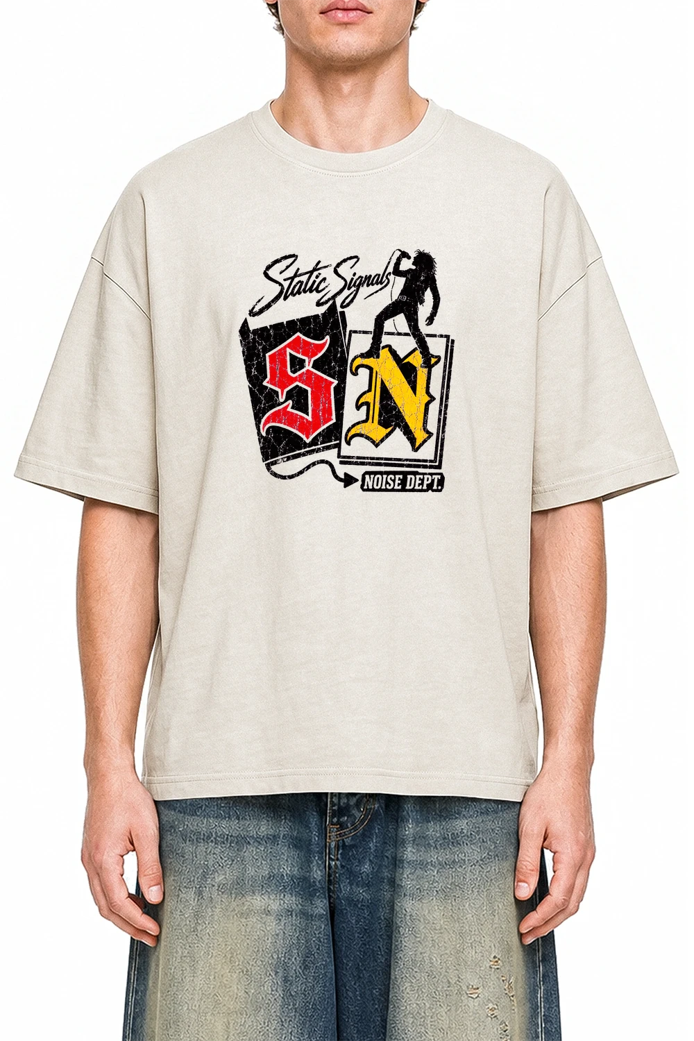 Static Signal Apricot graphic T-shirt on model, front view