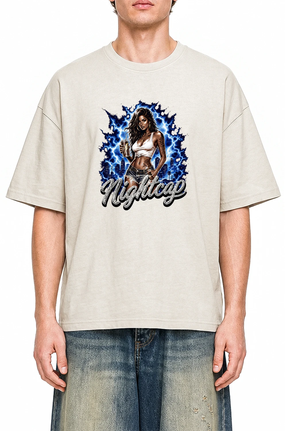 Nightcap Signal Apricot graphic T-shirt on model, front view
