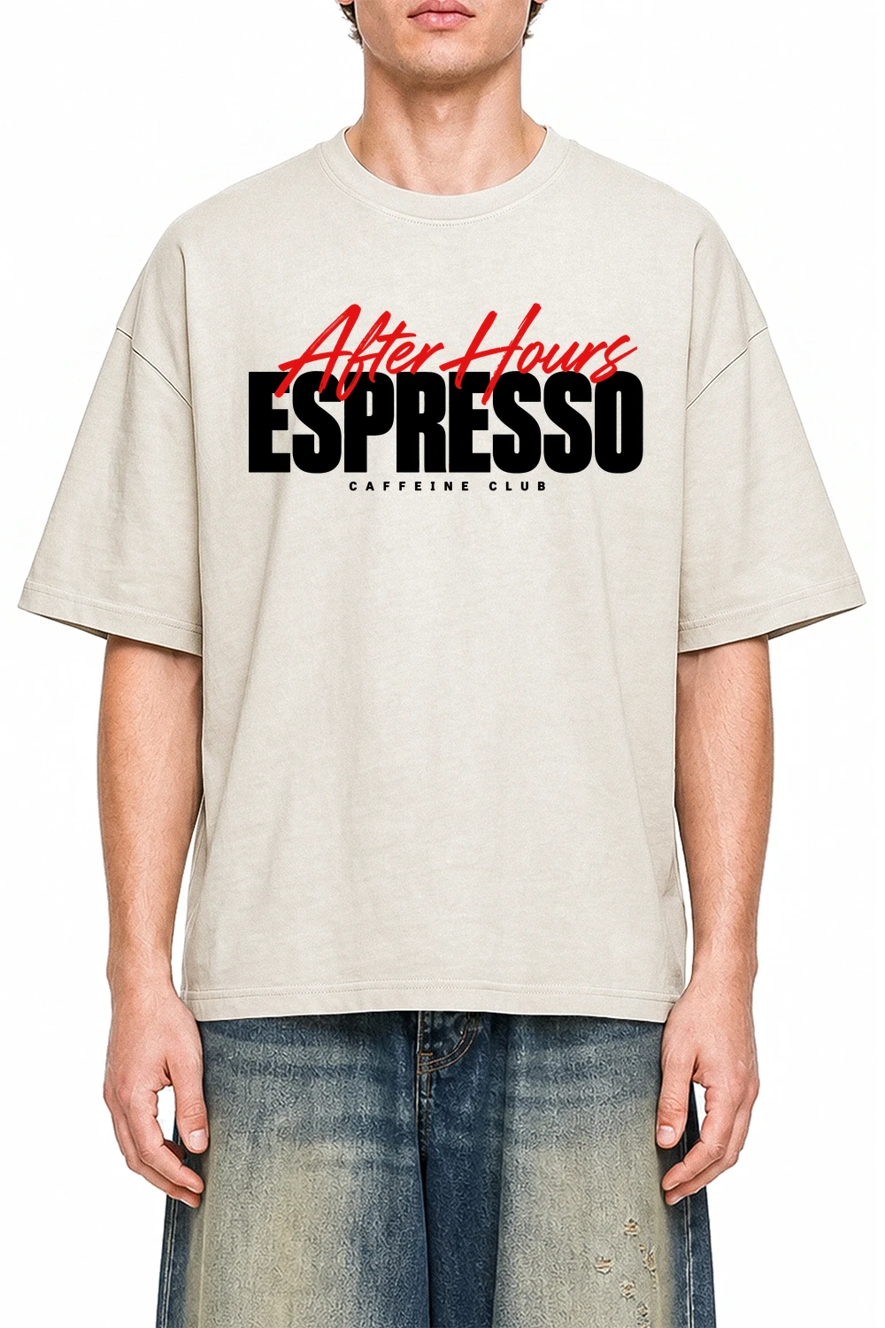 Espresso After Hours Apricot graphic T-shirt on model, front view