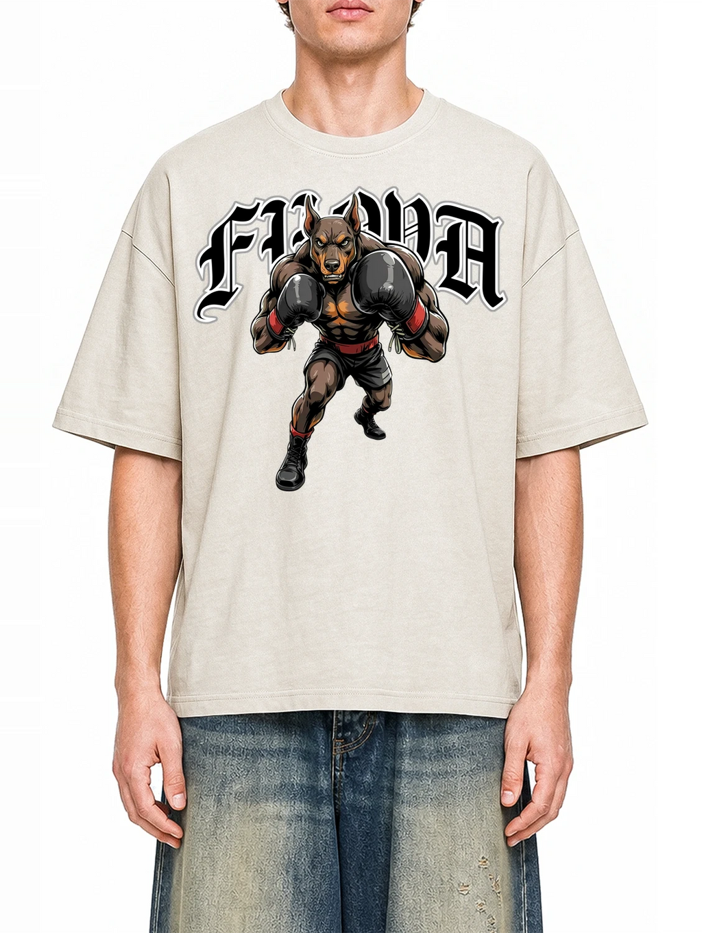 Boxing Dog Apricot graphic T-shirt on model, front view