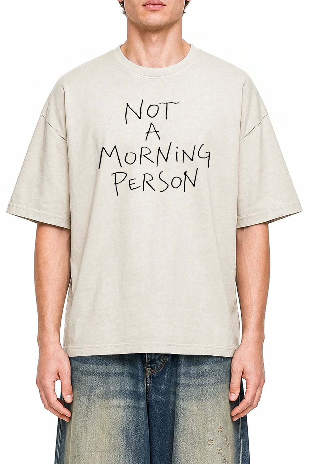 Not A Morning Person Apricot graphic T-shirt on model, front view