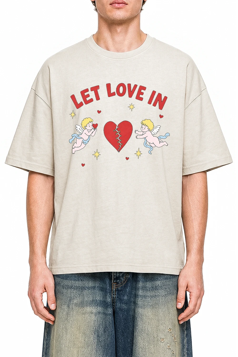 Let Love In Apricot graphic T-shirt on model, front view