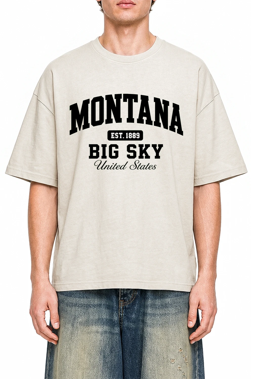 Montana Big Sky Apricot graphic T-shirt on model, front view