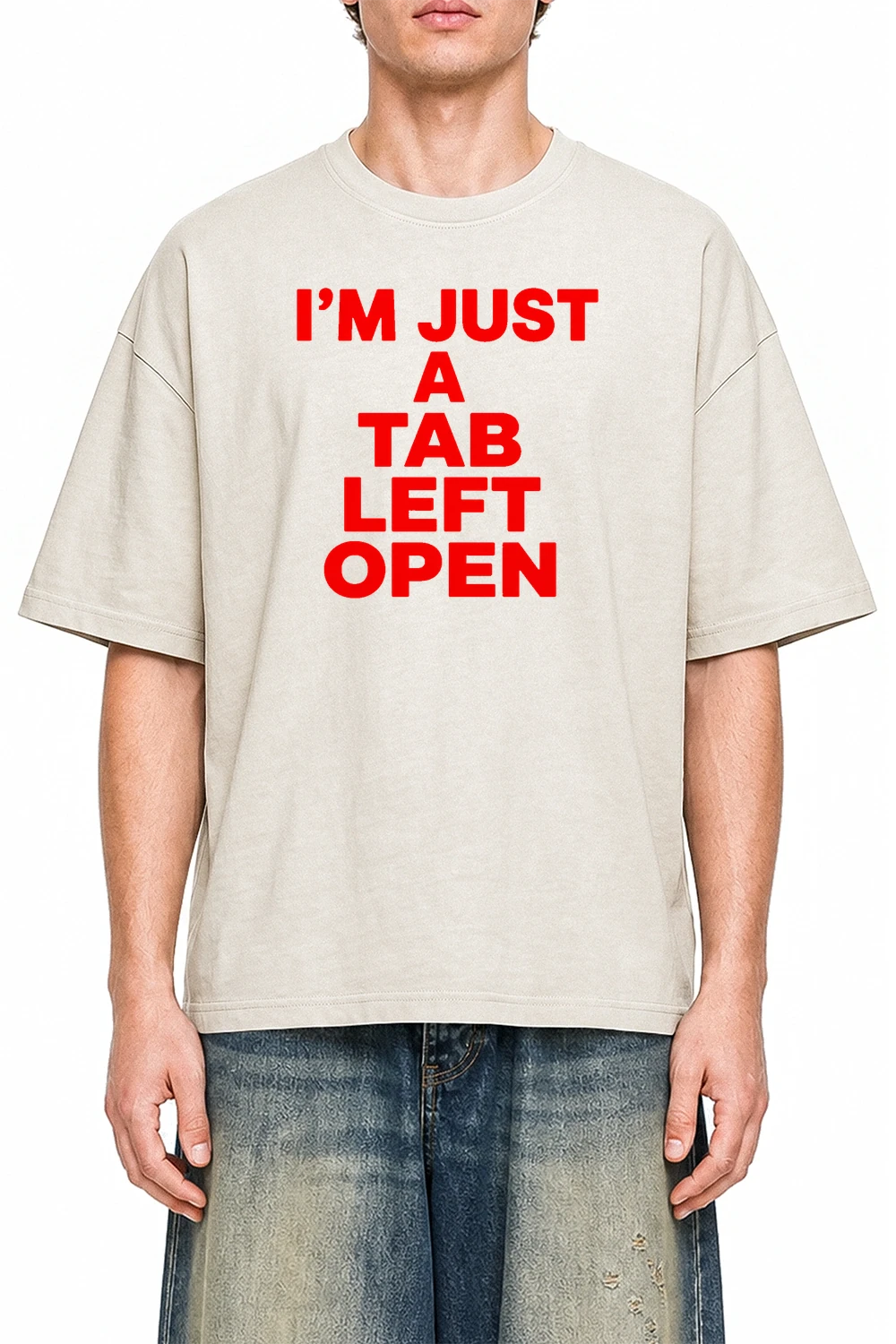 Im Just A Tab Left Open Apricot graphic T-shirt on model, front view