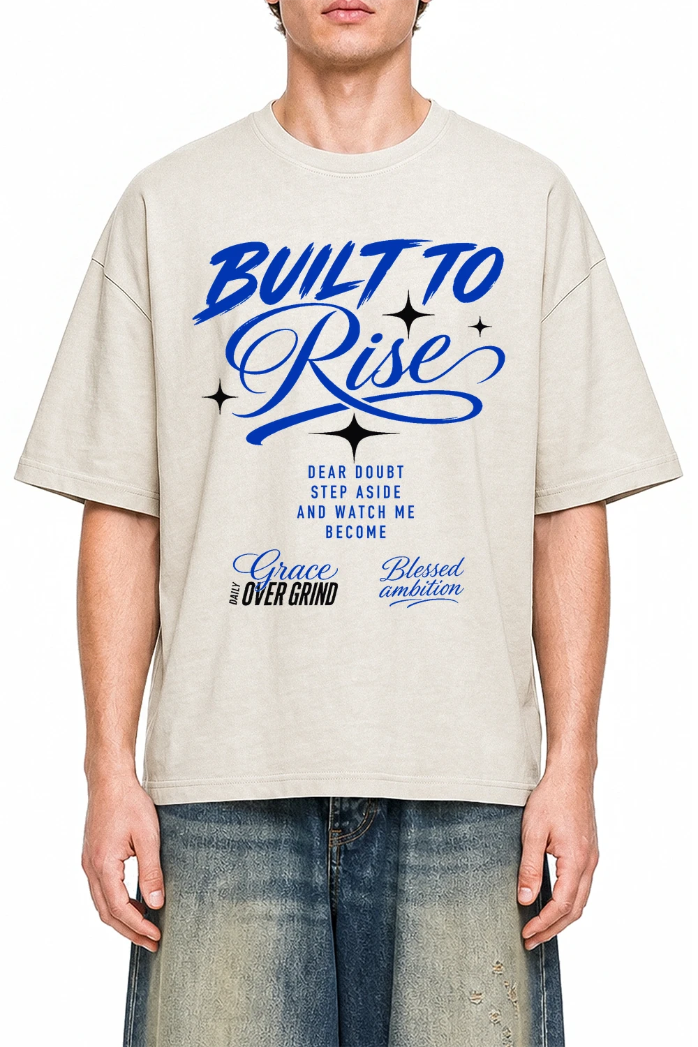 Built To Rise Apricot graphic T-shirt on model, front view
