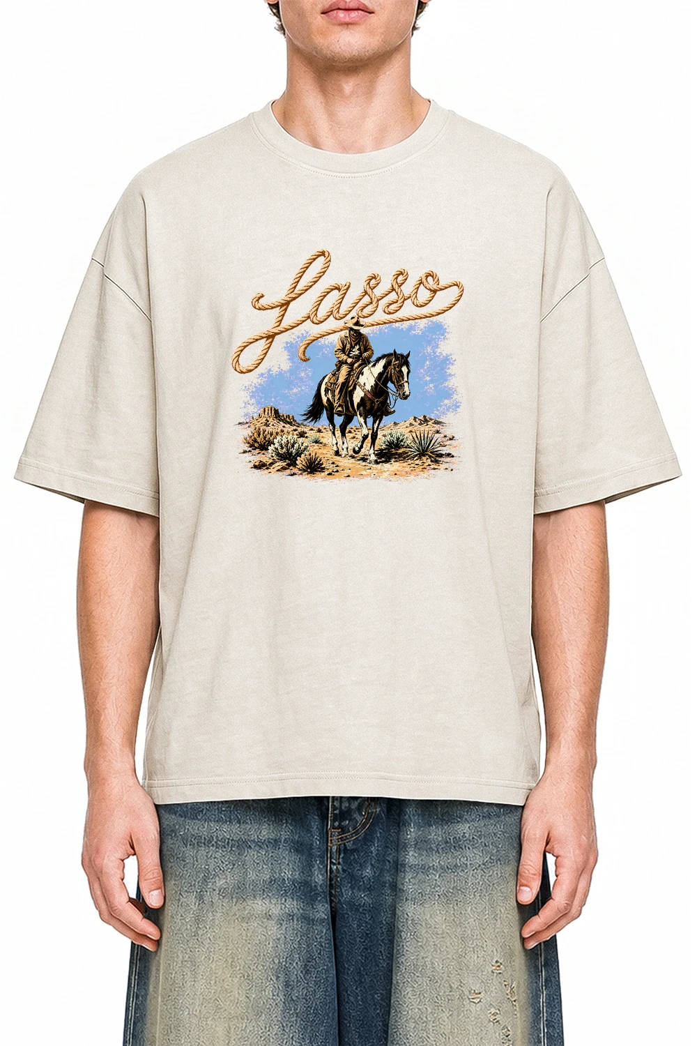 Lasso Run Rider Apricot graphic T-shirt on model, front view