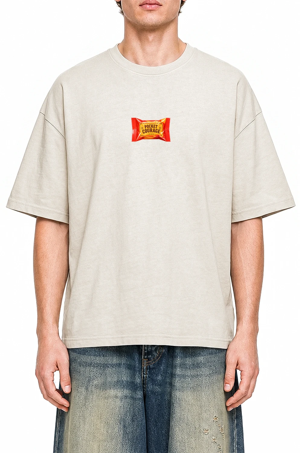 Pocket Courage Apricot graphic T-shirt on model, front view