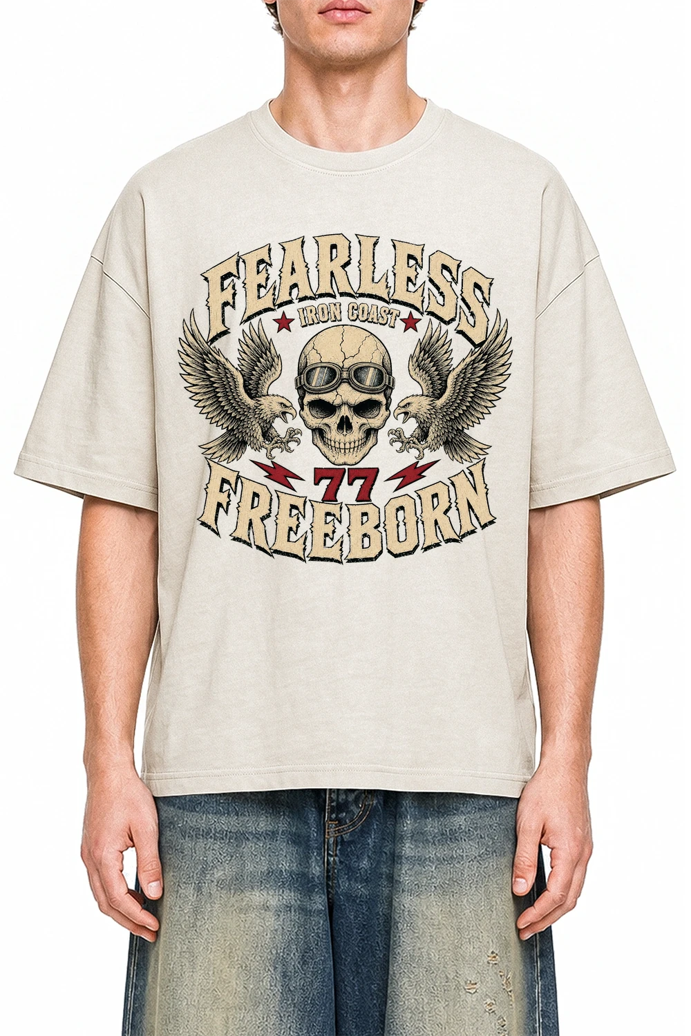 Fearless Freeborn Apricot graphic T-shirt on model, front view