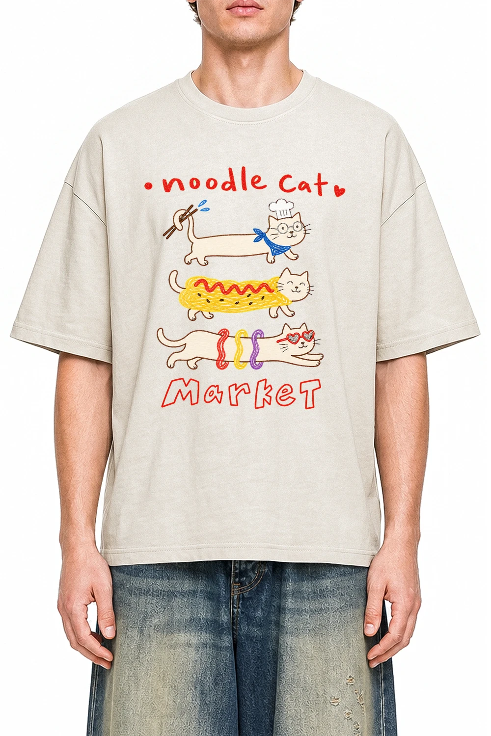 Noodle Cat Market Apricot graphic T-shirt on model, front view