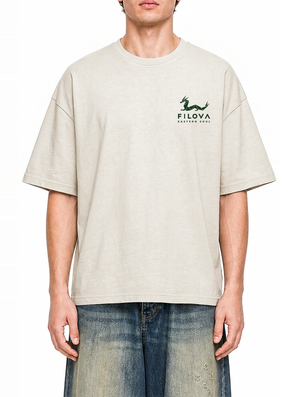 Filova Eastern Soul Basic Apricot graphic T-shirt on model, front view