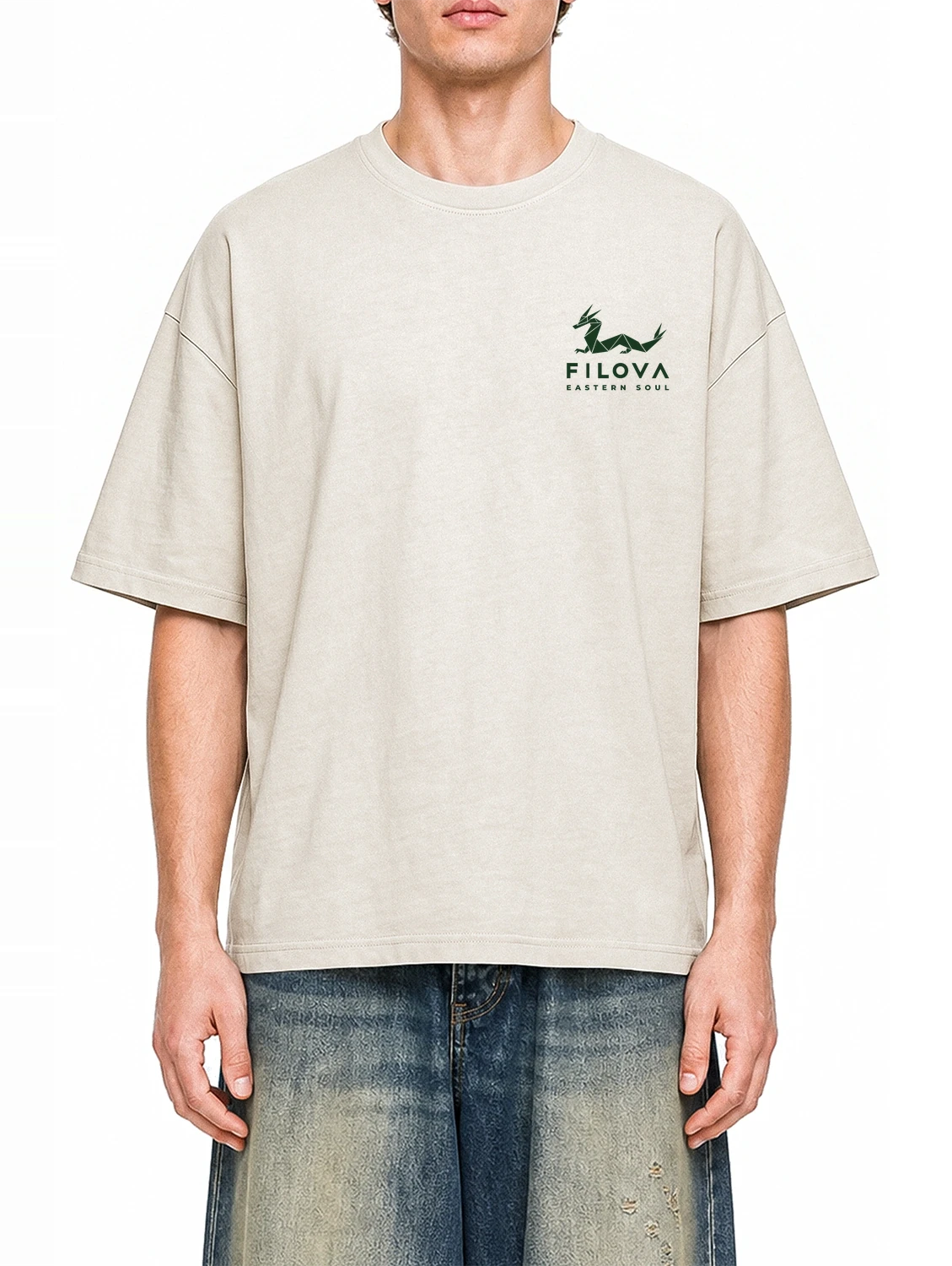 Filova Eastern Soul Basic Apricot graphic T-shirt on model, front view